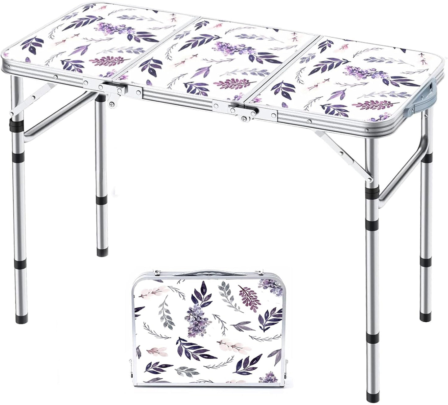 Folding Camping Table 2ft Portable Pinic Table Adjustable Height Small Card Table Aluminum Foldable Lightweight with Carry Handle for Outdoor Indoor Hiking Camp BBQ Beach (Blooming Floral)