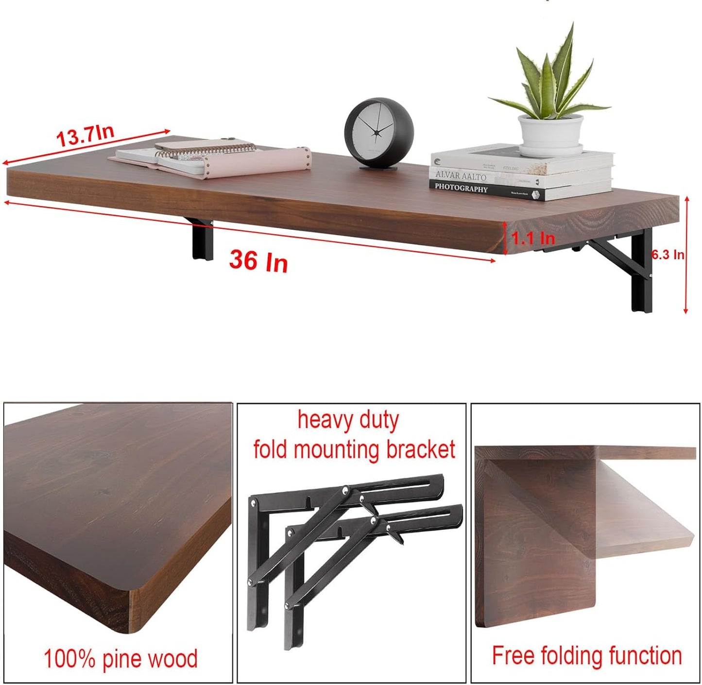 IAE Wall Mounted Folding Table with Pine Wood,36" x 14" Floating Wall Desk,Laundry Folding Table with Shelf Brackets,Fold Down Desk Shelf,Folding Workbench for Home,Dining,Laundry Room,Kitchen,Brown