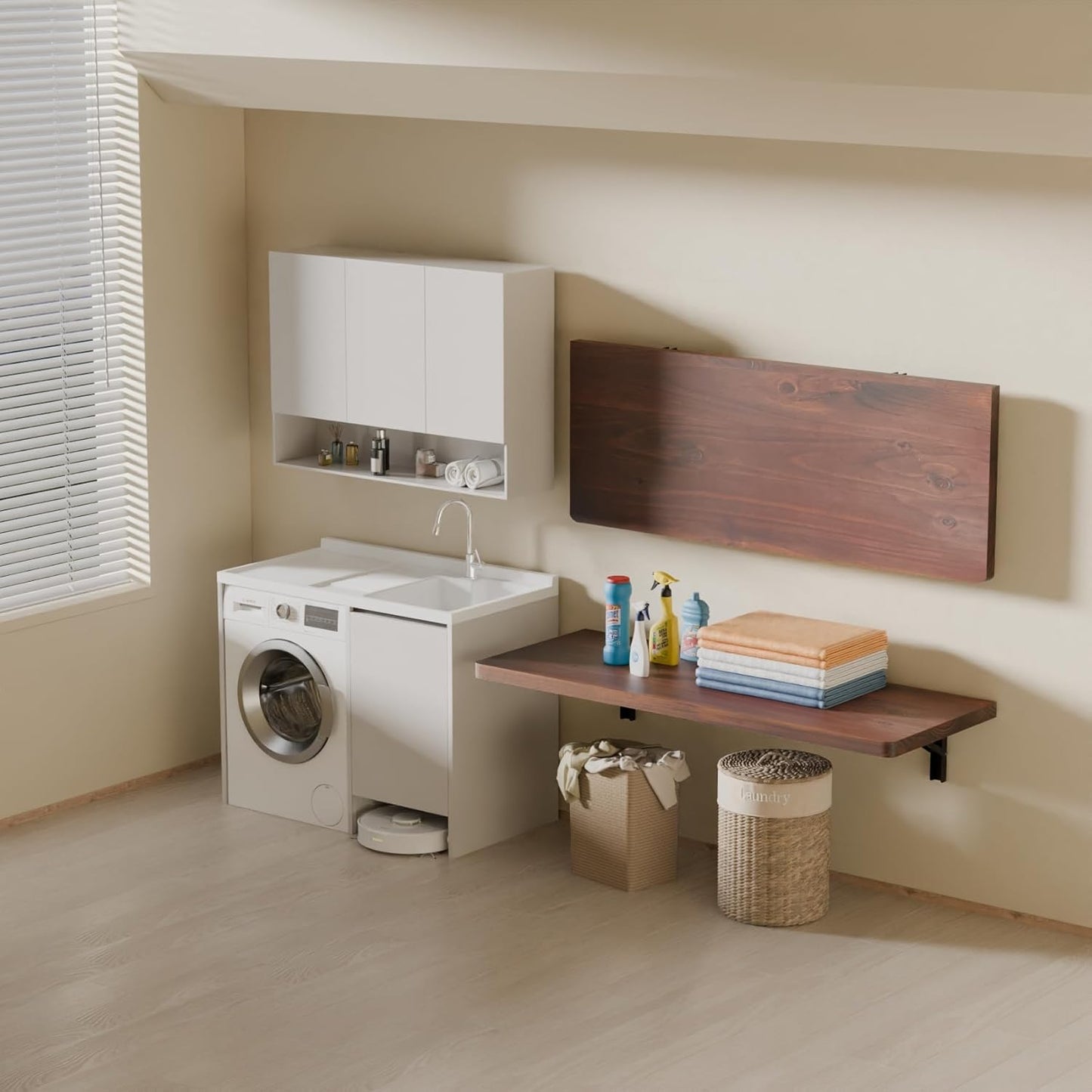 IAE Wall Mounted Folding Table with Pine Wood,36" x 14" Floating Wall Desk,Laundry Folding Table with Shelf Brackets,Fold Down Desk Shelf,Folding Workbench for Home,Dining,Laundry Room,Kitchen,Brown