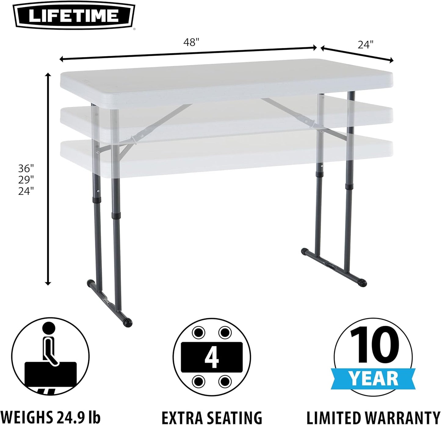 Lifetime Commercial Height Adjustable Folding Utility Table, 4-Foot