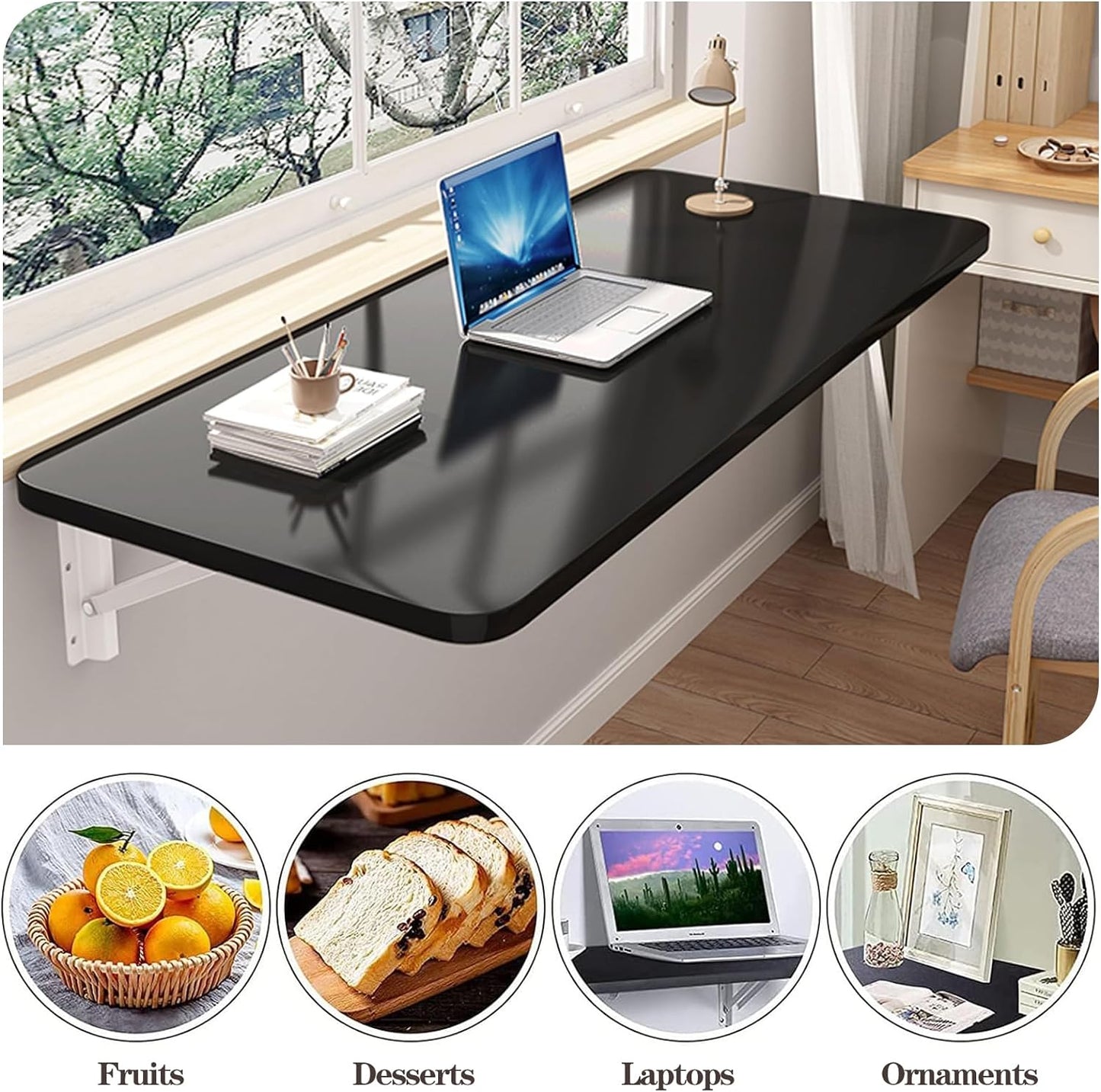 Wall Mounted Folding Table,Black Floating Desk for Small Spaces,Stainless Steel Bracket Laundry Folding Table,Wall Folding Desk,Home Bars and Dining Establishments(100x50cm/39.4"×19.7")