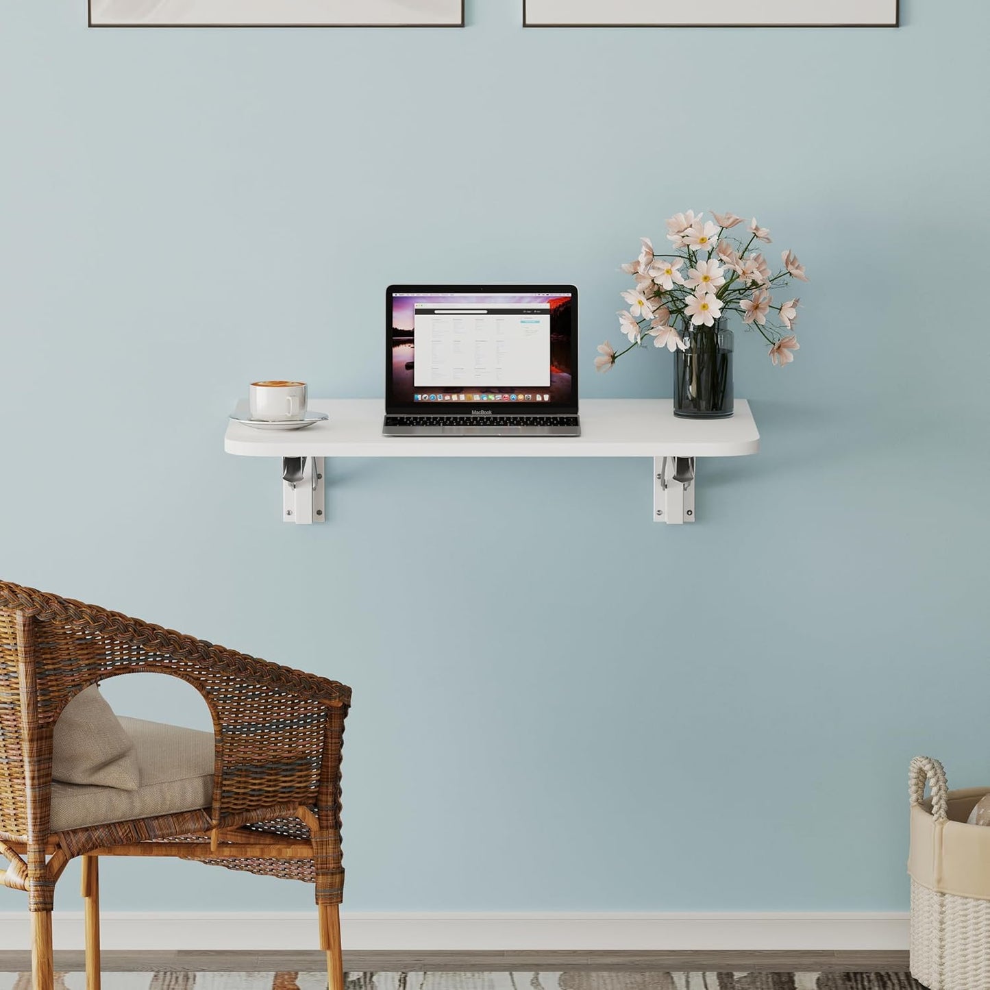 Wall Mounted Folding Desk, Space Saving Drop Leaf Table for Small Spaces, Modern Floating Workbench for Kitchen, Dining, Home Office, Laundry Room, Bedroom, Easy Install, White 15.6" x 23.6"